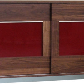 SQ332 Sideboard/Anrichte Nussbaum geölt mit Schiebetüren, Glas rot